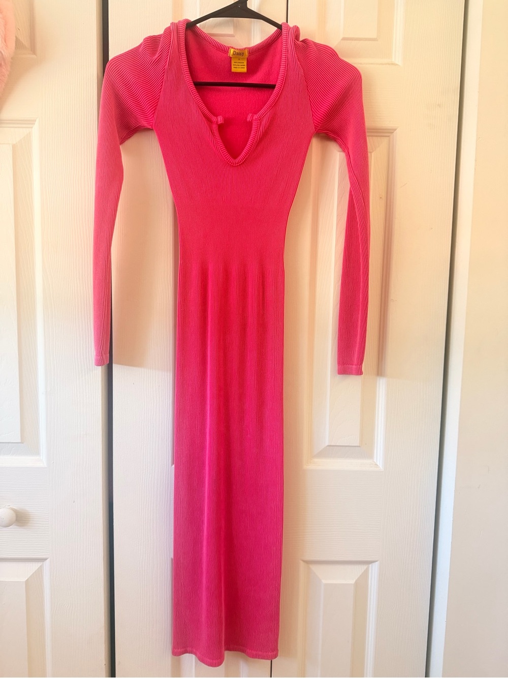 Women's Hot Pink Ribbed Long-Sleeve Maxi Dress